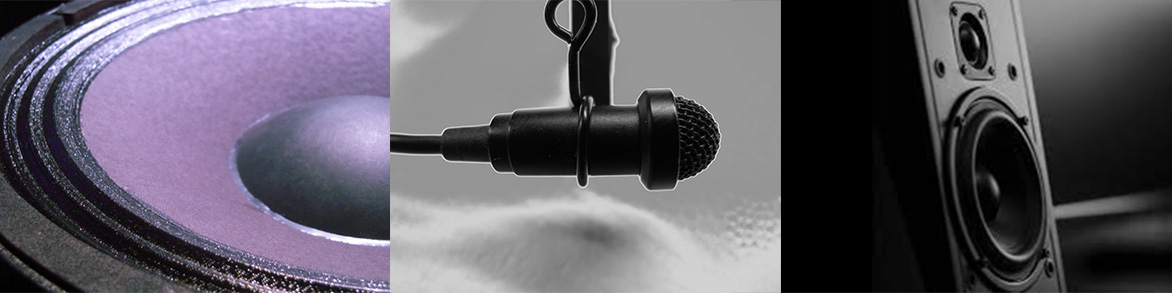 Closeup of a pa speaker cone, closeup of a lapel microphone, closeup of a sound reinforcement speaker.
